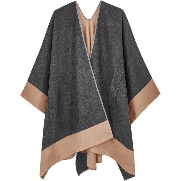 Women Shawl Wrap Poncho Ruana Cape Open Front Cardigan Fall Winter Grey Camel 2 - Picture 3 of 6